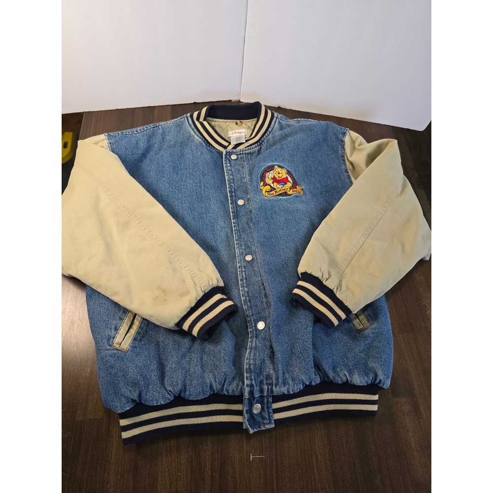 Vintage Disney Store Winnie the Pooh Denim Varsity Jacket Blue Tan Large